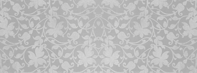 Old gray white vintage shabby damask floral flower patchwork tiles stone concrete cement wallwallpaer texture background banner panorama - obrazy, fototapety, plakaty