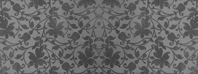 Old gray anthracite vintage shabby damask floral flower patchwork tiles stone concrete cement wallwallpaer texture background banner panorama - obrazy, fototapety, plakaty