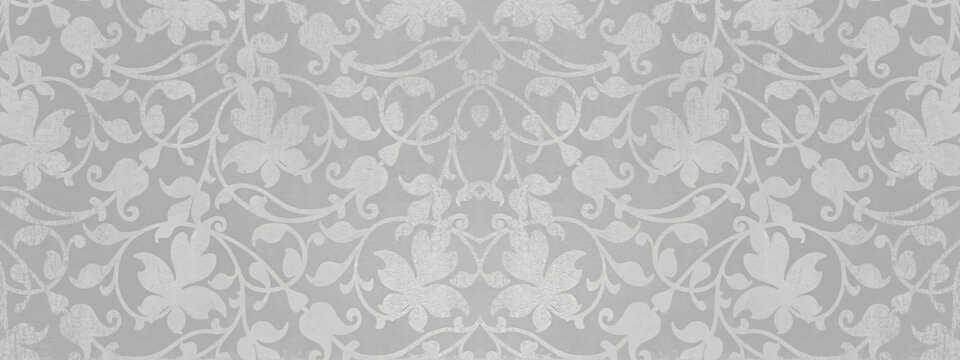 Old gray white vintage shabby damask floral flower patchwork tiles stone concrete cement wallwallpaer texture background banner panorama