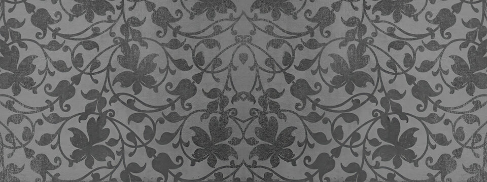 Old gray anthracite vintage shabby damask floral flower patchwork tiles stone concrete cement wallwallpaer texture background banner panorama