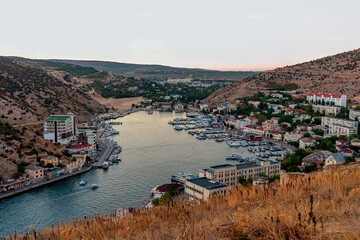 Balaklava - harbor, bay, Crimean Venice. Beautiful panorama. Vertical background.