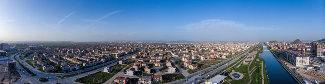 Drone view to the Akcaray river and beautiful part of Afyon city small city that is new tourist attraction in Turkey