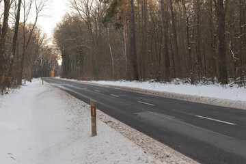 Asfaltowa droga w lesie pokrytym warstwą sniegu. © boguslavus