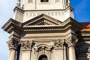 Decorative architectural elements adorning the tower of The Church of the Assumption of Mother of...
