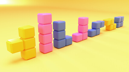Tetris game pieces 3D render. Blocks of Tetris standing with studio light as modern sculptures of geometric art over yellow background with realistic glossy materials.