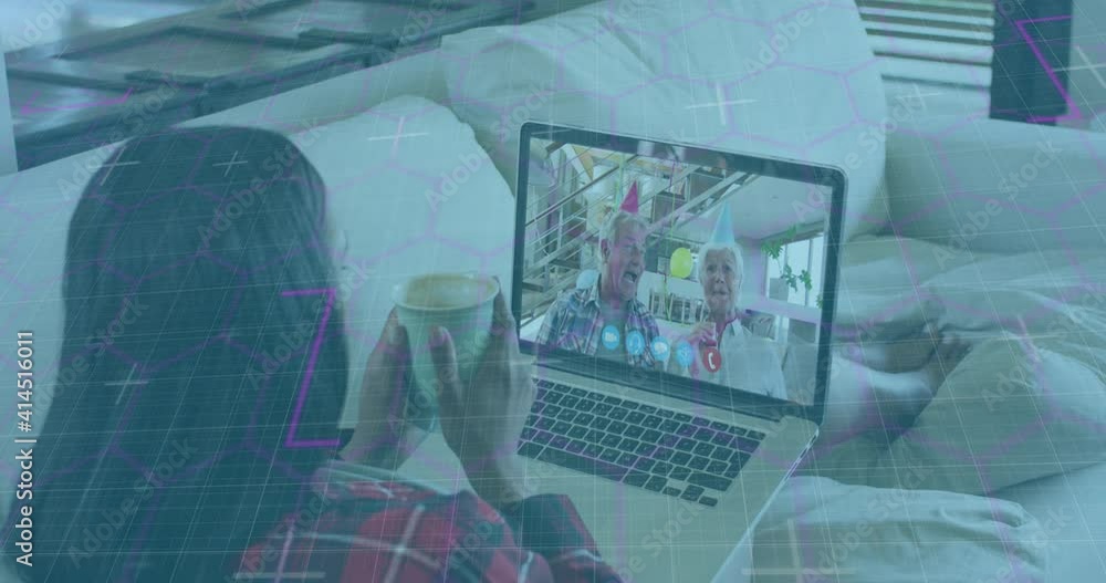 Poster animation of network of hexagons over woman using laptop on video call in background