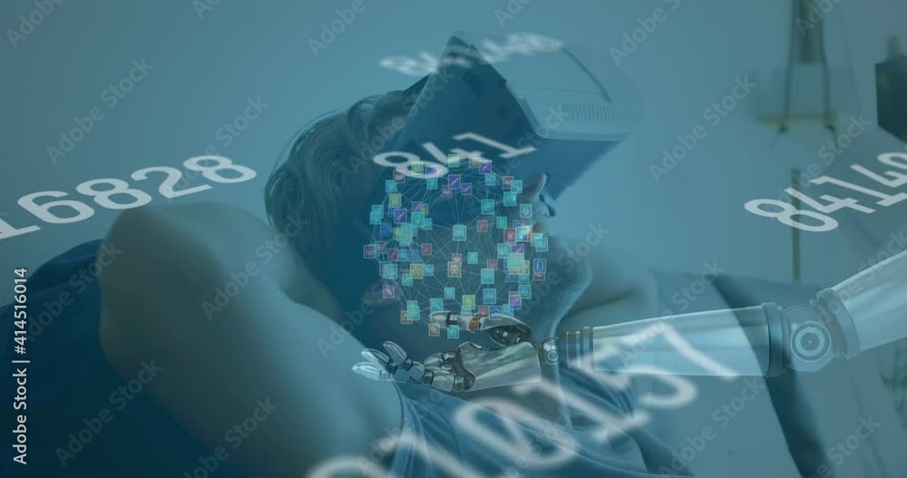 Poster animation of numbers changing and globe of connections over man wearing vr headset in background
