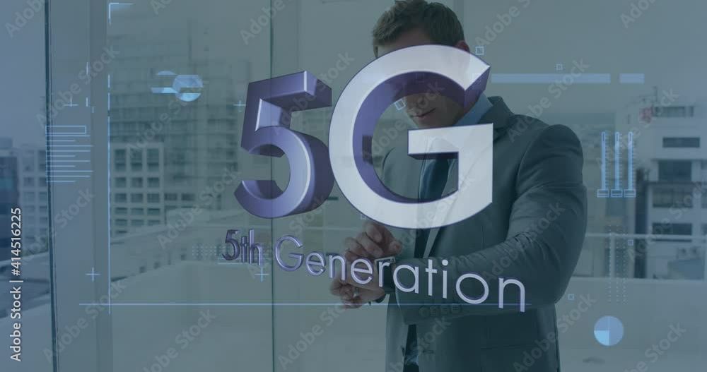 Poster animation of 5g 5th generation text over businessman checking time in background