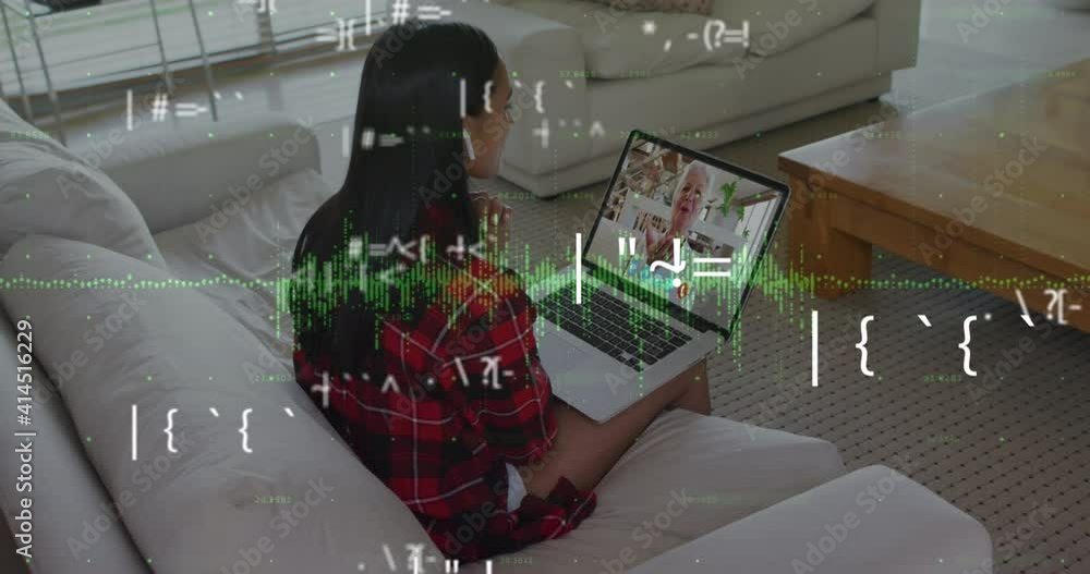 Poster animation of numbers changing and graphic equalizer changing over woman using laptop on video call