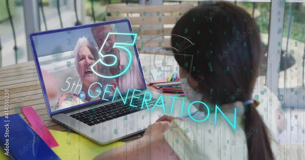 Poster animation of 5g 5th generation text over girl in face mask using laptop on video call in background