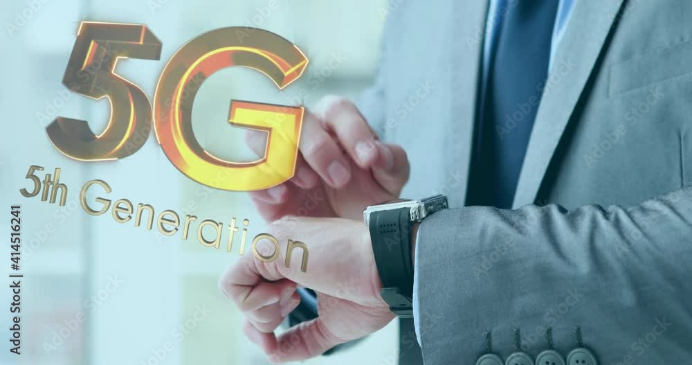 Poster animation of 5g 5th generation text over businessman checking time in background