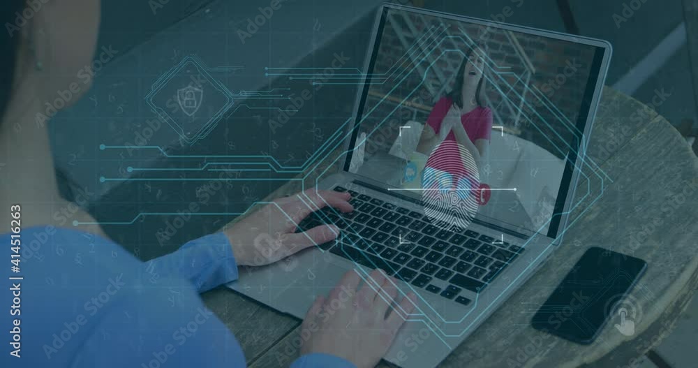 Poster animation of computer circuit board elements over woman using laptop on video call