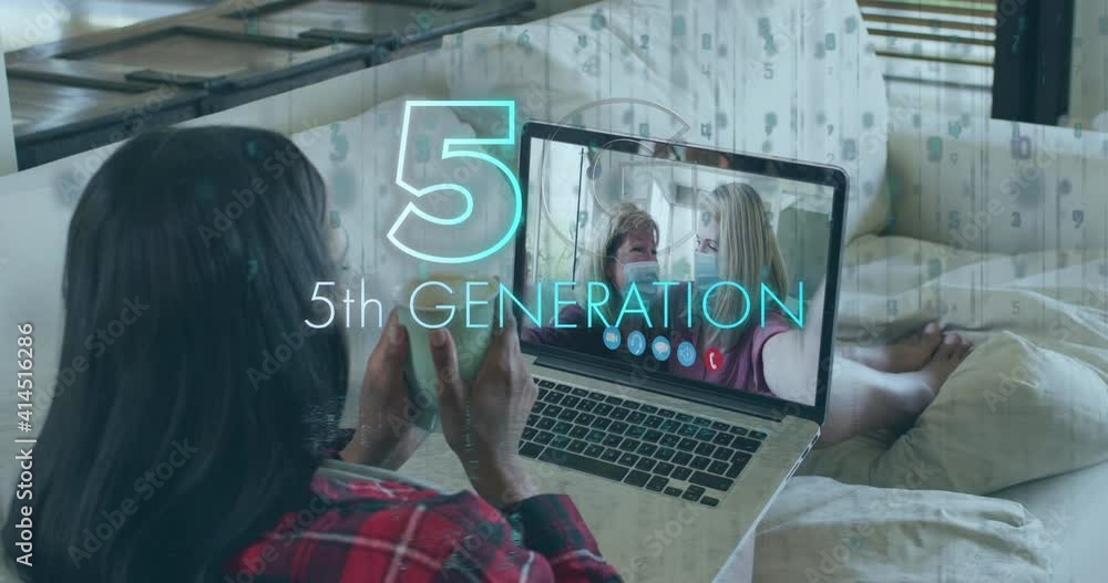 Poster animation of 5g 5th generation text over woman using laptop on video call in background