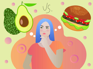 Nice girl chooses between healthy and unhealthy food.  But which will she choose: a ripe avocado or a juicy hamburger? Healthy lifestyle or delicious fast food?