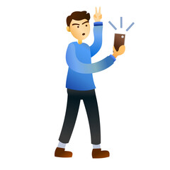 cartoon illustration of a man taking a selfie using a smartphone