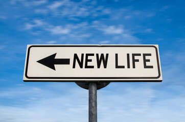 New life road sign, arrow on blue sky background. One way blank road sign with copy space. Arrow on a pole pointing in one direction.
