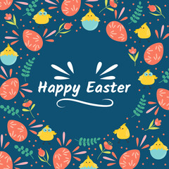Happy Easter background with lovely chicken, flowers and leaves. Spring holiday banner or greeting card. Flat illustration