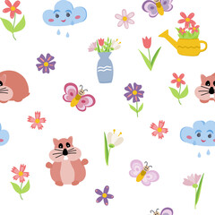 Set of retro style flowers, butterflies, hamster and hearts in bright, pretty Spring colors. Cute spring garden and nature elements for girls, isolated on white for greeting cards, Easter, Mothers Day