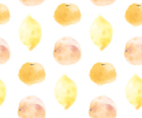 Seamless pattern with hand drawn watercolor fruit set. Endless ink illustration of peach, orange, lemon and cherry. Aquarelle sketch of summer organic food on white background.