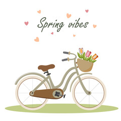 Style woman city bike with basket of tulips. Cartoon style vector image on white background. For clipart, postcard, print, poster.