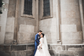 Perfect couple bride, groom posing and kissing in their wedding day