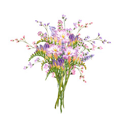 Floral bouquet of lavender freesia and gypsophila watercolor drawing isolate