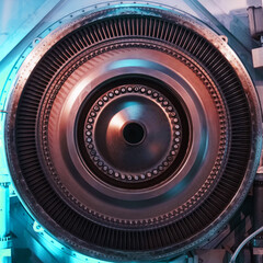 A rotor disc with blades of a turbojet gas turbine engine, inside view.