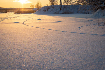 The sun shines across the bridge over the frozen river on a sunny morning, animal footprints in snow, very cold weather