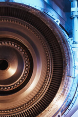 Turbine generator rotor with blades and discs, interior view.