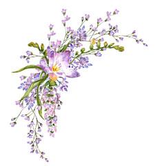 Flower frame wreath of lavender freesia, and baby's breath watercolour illustration isolate 5