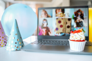 Kids virtual birthday, home party. Strawberry cupcake. Online conference,video call in laptop,...