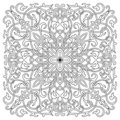 Hand-drawn mandala art, tile in oriental style, black and white colors. Italian majolica. Coloring page vector illustration.