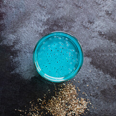 chia seed drink blue berry flavor blueberry lemonade transparent glass on the table healthy meal top view copy space for text food background image