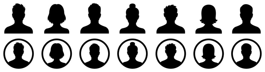 Profile icon. Avatar icons set. Male and female head silhouettes. Vector - obrazy, fototapety, plakaty