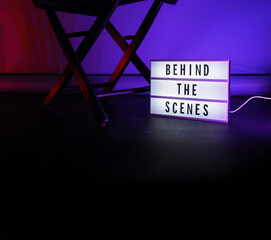 Behind the scenes letterboard text on Lightbox or Cinema Light box. Movie clapperboard megaphone...