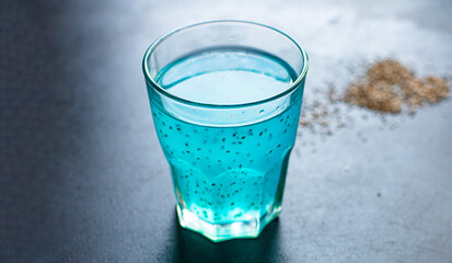 chia seed drink blue berry flavor blueberry lemonade transparent glass on the table healthy meal top view copy space for text food background image
