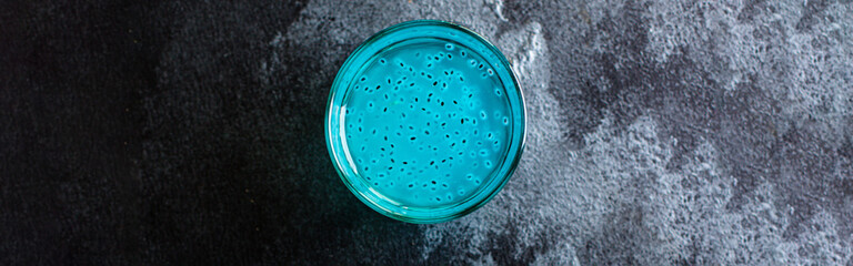 chia seed drink blue berry flavor blueberry lemonade transparent glass on the table healthy meal top view copy space for text food background image