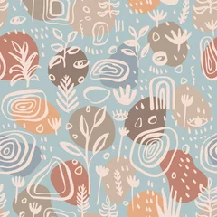 Fotobehang Vector hand drawn abstract artistic botanical seamless pattern. Cute floral seamless backdrop. Simple drawing Scandinavian style repeat. Vintage midcentury modern colors © babayuka