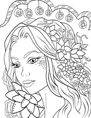 Printable Colouring Page . Lineart with girl and flowers