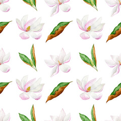watercolor pattern with magnolia on a white background
