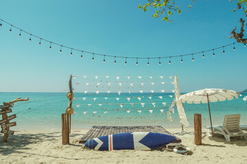 Beautiful tropical sunlight scenery  at koh samed island in Thailand, White sand, sea view with horizon,calmness and relaxation. Inspirational beach resort hotel landscapet,Vintage tone concept