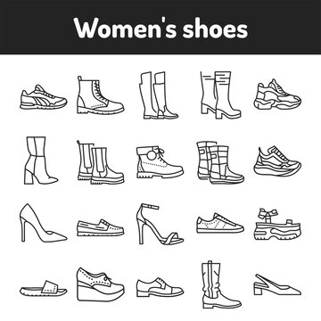 Womens shoes color line icons set. Pictograms for web page, mobile app, promo.