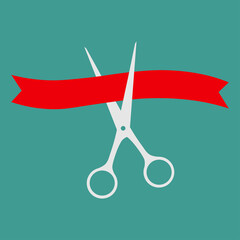 Scissors cut straight red ribbon. Big round bow. Business beginnings event. Launch startup concept. Grand opening celebration sign symbol. Flat design. Green background. Isolated