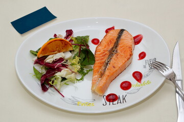 grilled salmon steak with vegetables