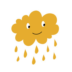 Cute happy cartoon cloud with rain drops isolated on white background. Kids image for greeting card or poster, holiday banner, scrapbook