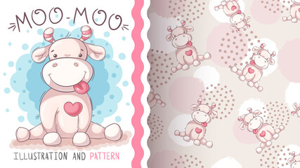 Cute teddy cow - seamless pattern