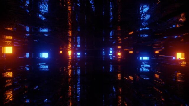 A 3D animations of futuristic cool kaleidoscopic visuals in vibrant orange and blue neon colors in 4K