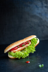 Hot Dog sandwich fast foodsausage tomato sauce lettuce leaf  portion meal snack top view copy space...