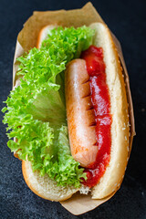 Hot Dog sandwich fast foodsausage tomato sauce lettuce leaf  portion meal snack top view copy space for text food background rustic image