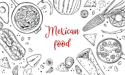 Mexican food illustration. Top view on traditional dishes and vegetables. Hand drawn outline vector sketch illustration. Black on white background